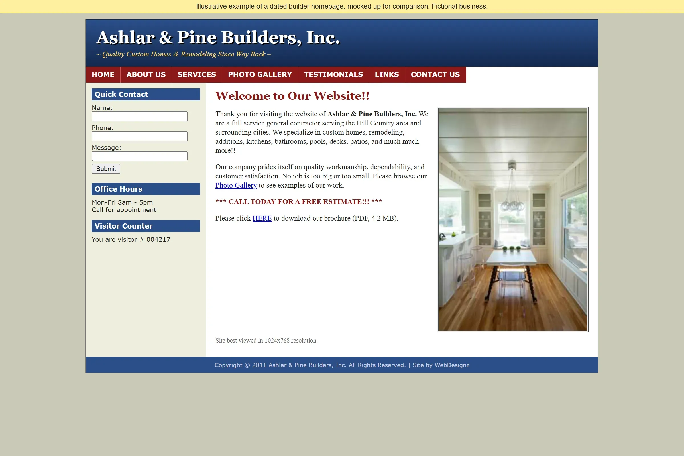 An illustrative dated homepage for the same fictional builder: table layout, small text, a visitor counter
